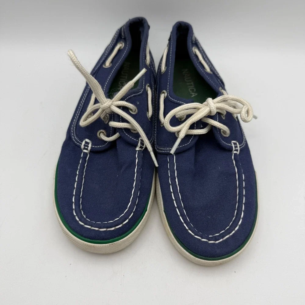 Nautica Spinnaker Boat Shoes Kids Size 2‎ Navy Blue Canvas Loafers Moc Toe